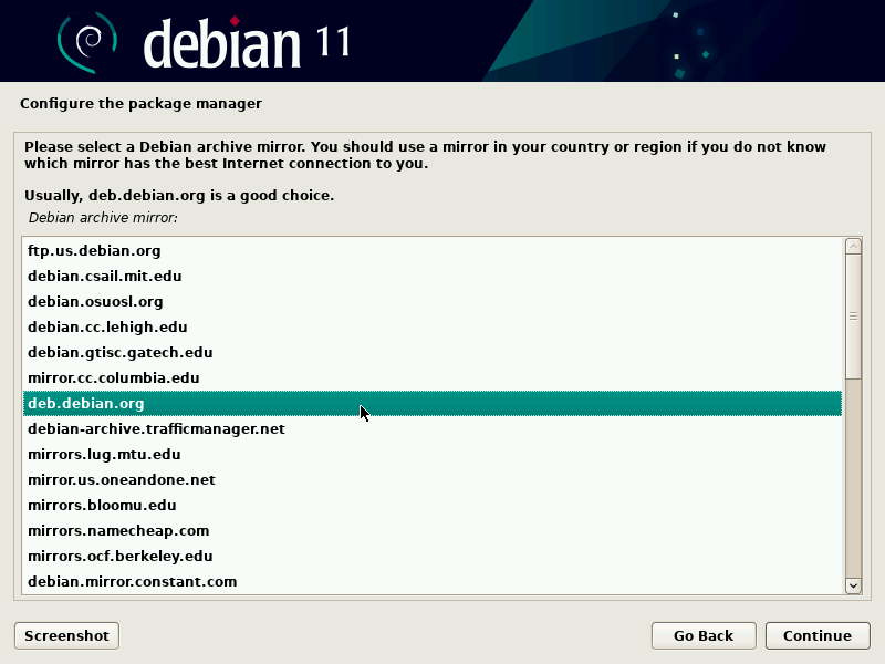 选择 Debian 镜像